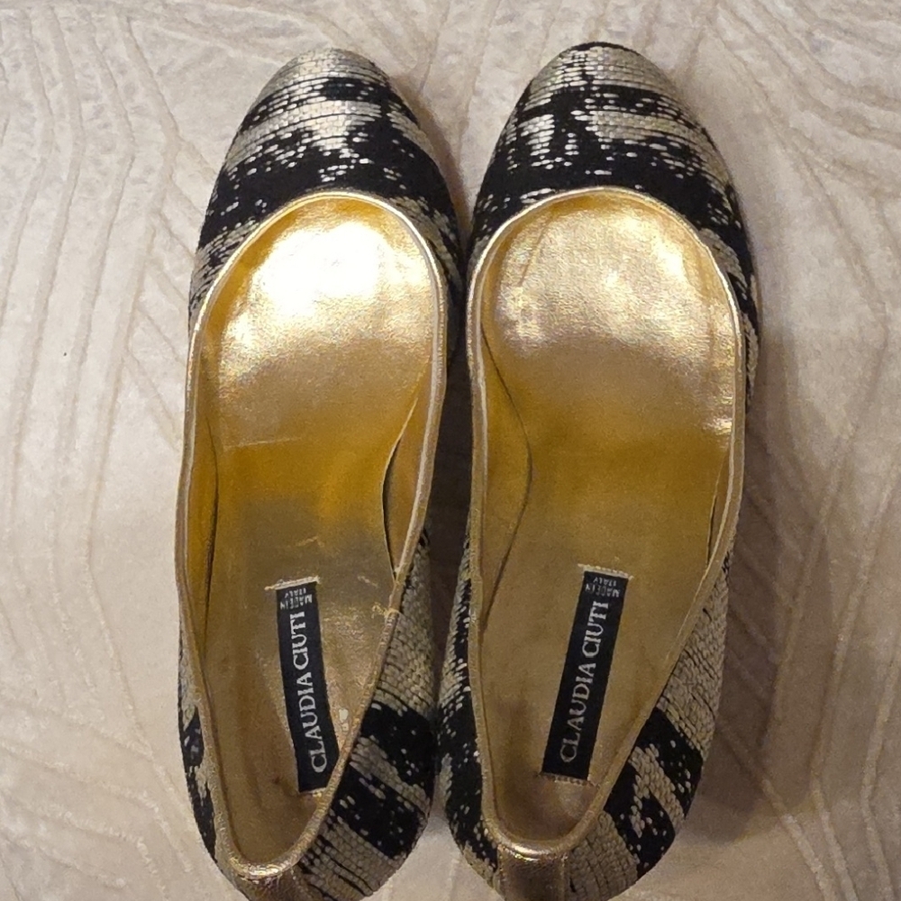 Claudia Ciuti Chic Patterned Black and Gold Heels 3 Inches Heel Size 6 - Picture 7 of 13